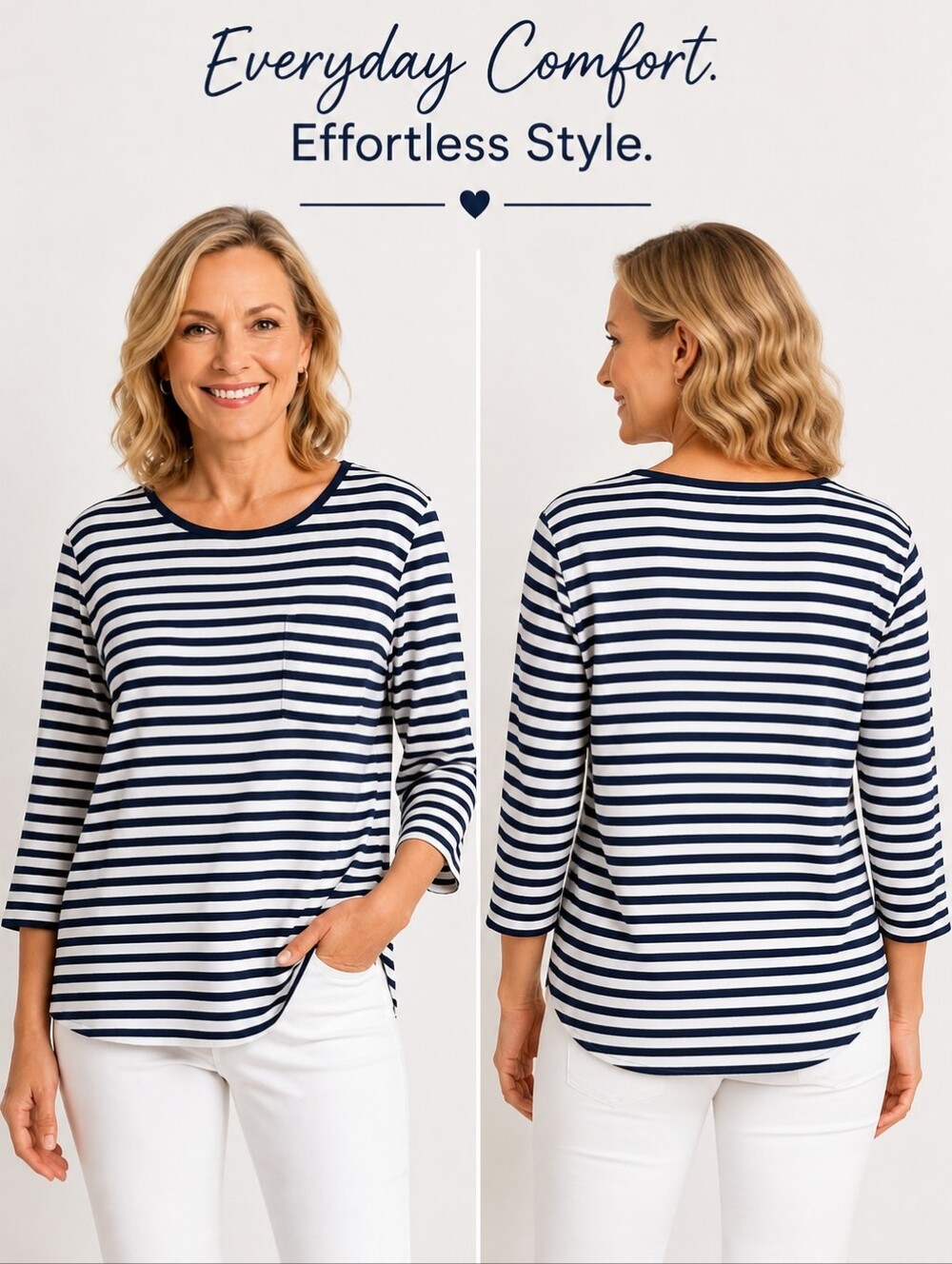 Cathy Petite Navy & White Striped Top LP 3/4 Sleeve Pocket Blouse EUC